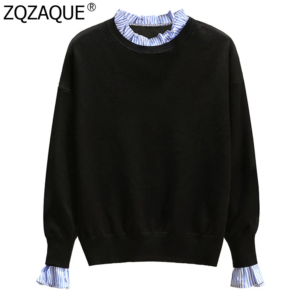 

Women Knit Tops Ruffles Decor Girls Patchwork Sweaters Oversize Loose All-match Jumper European and American New Designer Fall