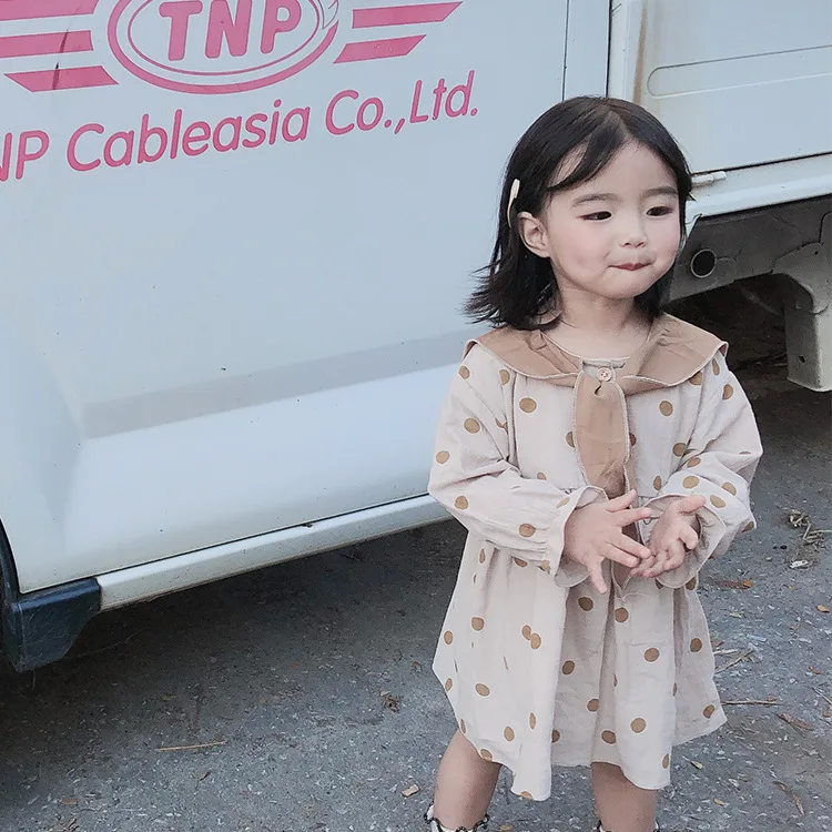 

2019 Spring Girls Navy Dot Pattern Princess Dress Baby Children Long Sleeve Cotton Casual Dresses Toddler Party Dress