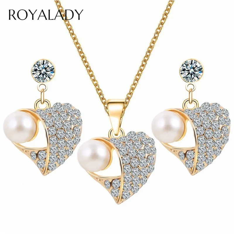 

Crystal Pearl Bridal Wedding Jewelry Sets Heart Shape Necklace Earrings For Women 2019 Dresses Dating Accessories Party Gift
