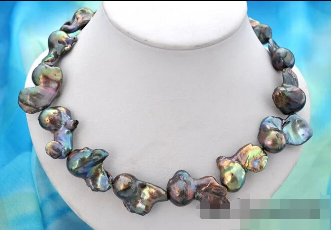 

Beautiful Rare 18" 33mm baroque black keshi reborn pearl necklace