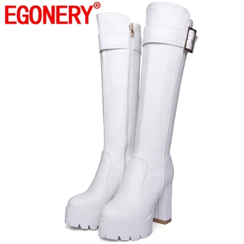 

EGONERY fashion 11.5cm Super High Spring winter long knee high riding boots party sexy woman black PU Plush Wedding shoes White