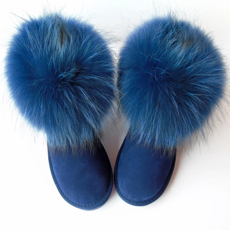 G&Zaco Luxury Natural Dark Blue Fox Fur Snow Boots Cow Suede Genuine Leather Women Boots Flat Real Fur Boots Winter Women Shoes