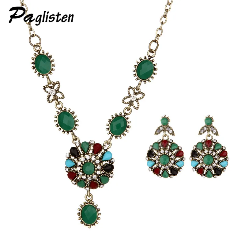 

Hot Crystal Flower Wedding Necklace/ Earrings Bohemia Ancient Gold Color Oval Jewelry Sets Engagement Party Gift of love