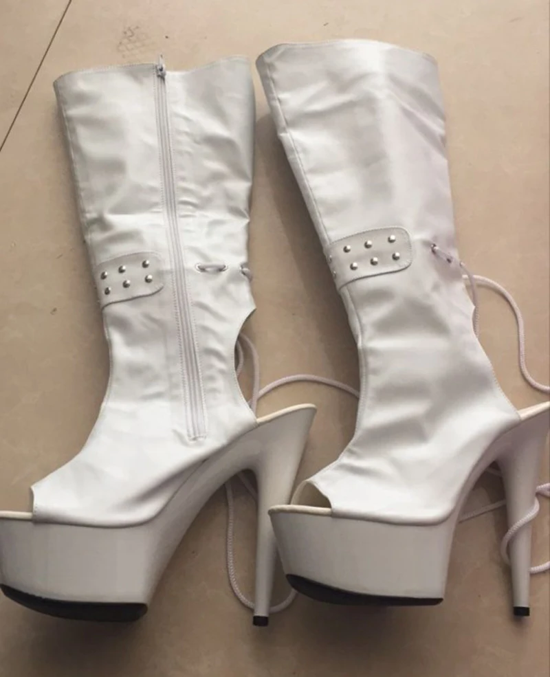 LAIJIANJINXIA/Новые черные/белые мотоботы женские сапоги до колена летние сапоги с очень высоким открытым носком 15 см Женская обувь на платформе