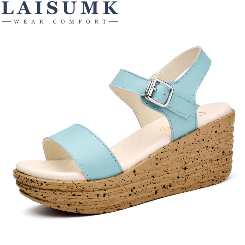 

2019 LAISUMK Women Sandals Leather Flat Sandals Low Wedges Summer Shoes Women Open Toe Platform Sandals Women Casual Shoes