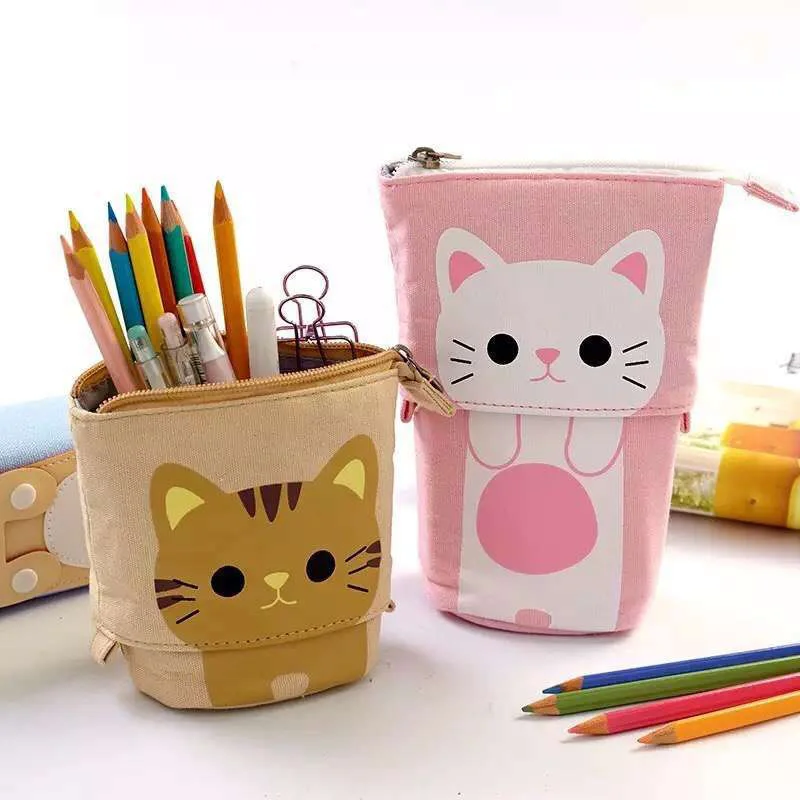 Холщовый чехол для карандашей с милым котом из мультфильма с застежкой-молнией