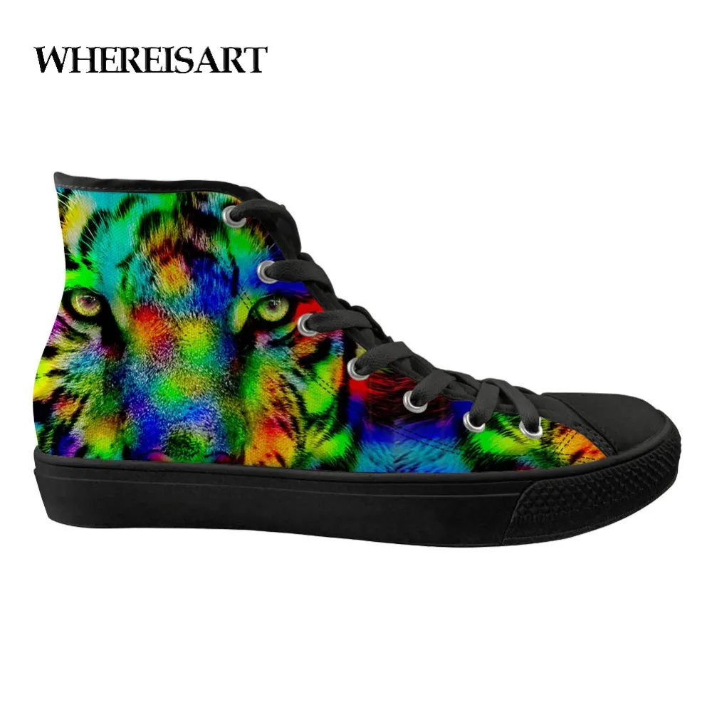 

WHEREISART Graffiti Tiger Pattern Mens High Tops Vulcanize Shoes Casual 3D Animals Canvas Shoes Flats Male Boys Zapatos Hombre