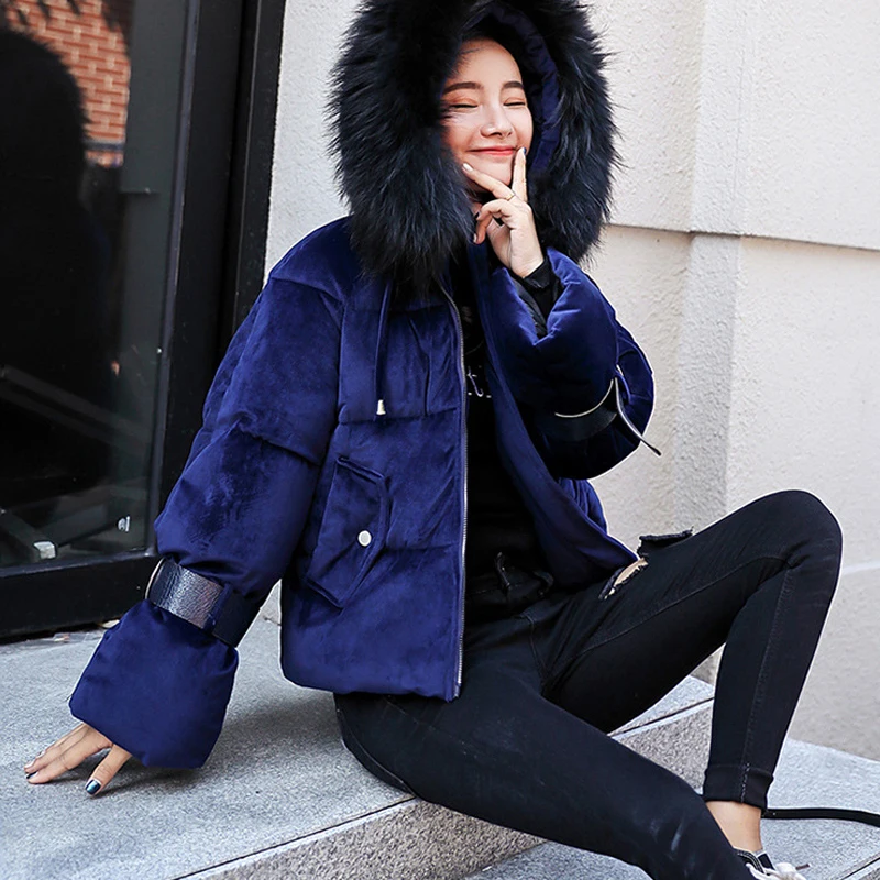 Fur Collar Short Velvet Bubble Coat Parka Women Puffy Jacket Fur Parka Down Jacket Exaggerated Solid Short Thick Bubble Coat