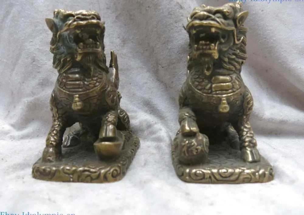 

Fine brass sculpture China carved copper Feng Shui Foo Dogs Lion pair Statue