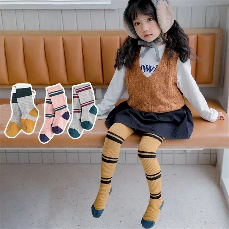 

2019 New Arrival Baby Girl Cotton Pantyhose Kids Knitted Tights Candy Color With Stripe Spring Autumn Children Fashion 1-5Years