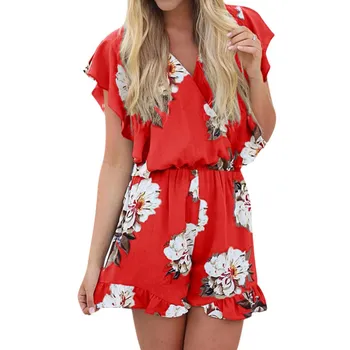 

Summer Womens Floral Print Playsuit Beach Halter Short Rompers Party Short sleeve Jumpsuit Mujer Fiesta