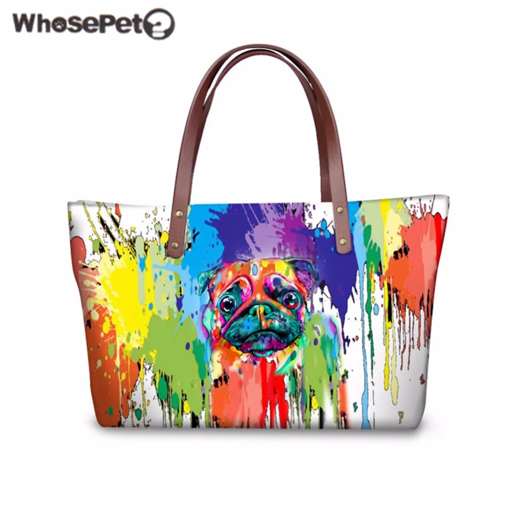 

WHOSEPET Women Handbags Pug Dog Printing Tote Bag Ladies Large Shoulder Messenger Bag for Shopping Beach Bags Female Bolsa Sac