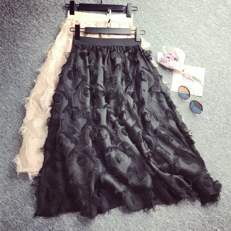 Элегантная женская модная юбка с бахромой и перьями, высокая талия, пушистая плиссированная шифоновая юбка средней длины, плиссированная трапециевидная юбка для женщин
