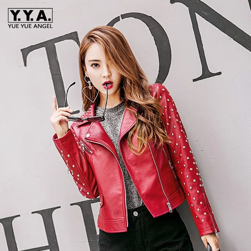 

New Womens Spring Autumn Jackets Red White Embroidery Female Jacket PU Leather Motor Biker Jacket Slim Rivet Woman Coat 2XL