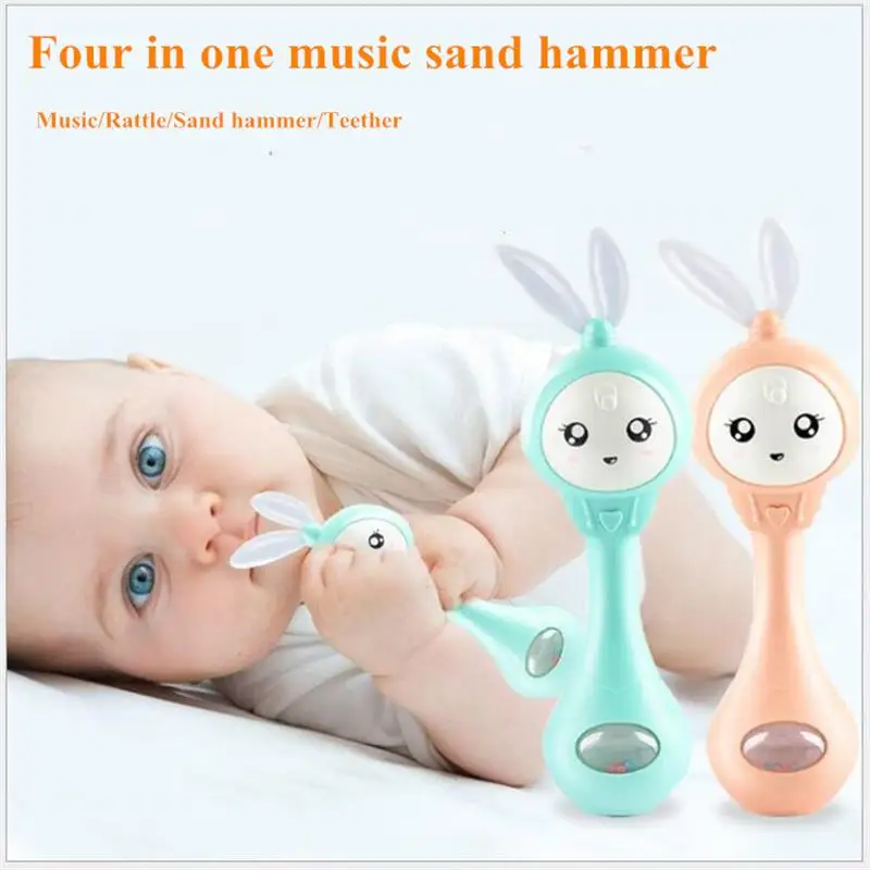 

Four in one music Flashing sand hammer Baby Teether Rattles toy Educational safety material Hand Bell Early Learning Toys