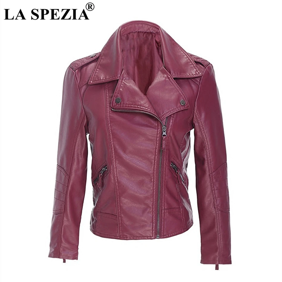 LA SPEZIA Leather Short Jacket Women Black Zipper Coats Ladies Slim Fit Motorcycle Rock Pockets Classic Autumn Winter Clothing 