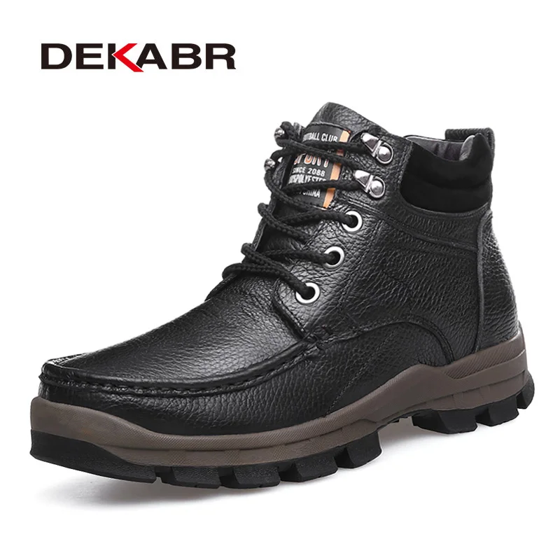 Мужские зимние ботинки с коротким плюшем DEKABR, черные брендовые теплые ботинки из натуральной кожи, ботильоны на шнуровке, большие размеры 38-48, зима