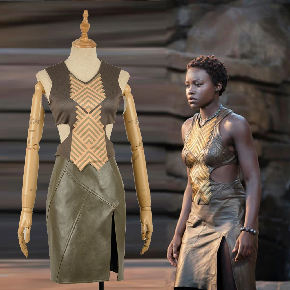 

Black Panther 2018 Nakia Cosplay Knitted Spandex Fabric TOP+Leather Skirt Fashion Costume Adult Halloween Carnival Christmas
