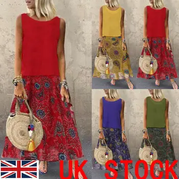 

2019 Women Sleeveless Boho Floral Long Maxi Dress Ladies Summer O-neck Loose Sundress Party Elegant Long Dresses Vestido