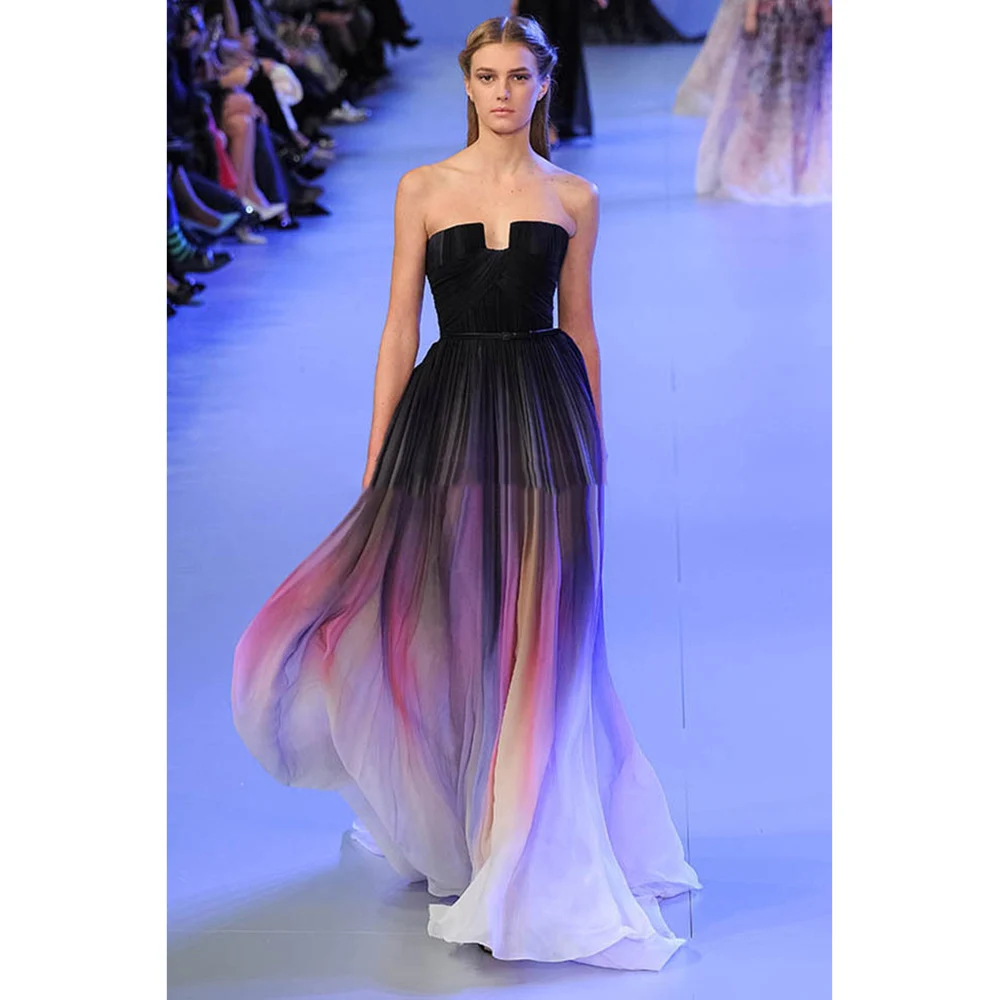 Elie Saab Backless Long Gradient Color Chiffon Pleated Ombre Dress