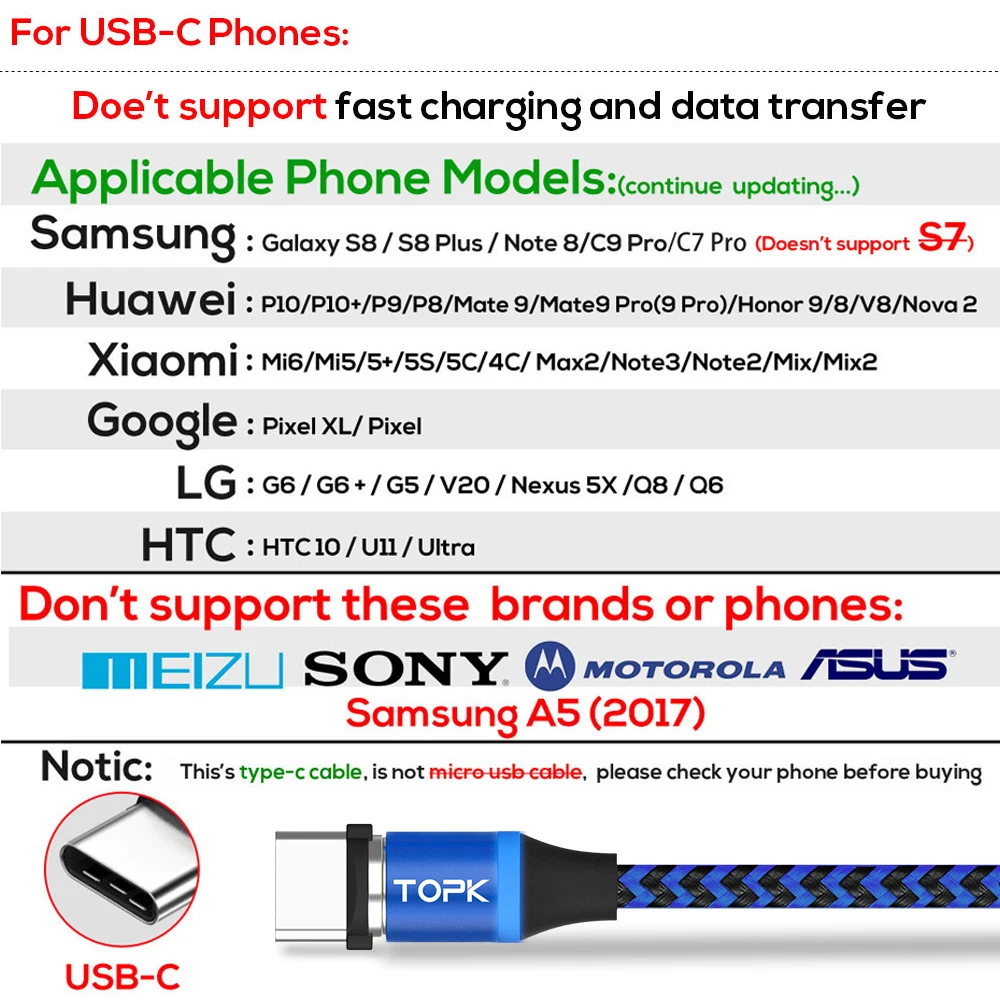 Магнитный usb кабель TOPK type C с нейлоновой оплеткой 1 м и 2 светодиодный магнитный