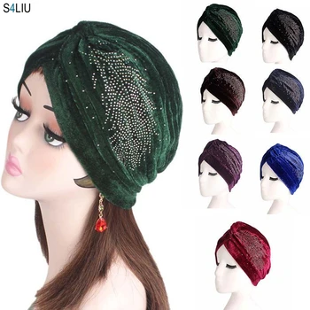 

Woman Indian Style Velvet Beanie Skullies Muslim Hat Bandana Chemo Cancer Headwrap Headscarf Ruffles Hair Loss Rhinestoned New