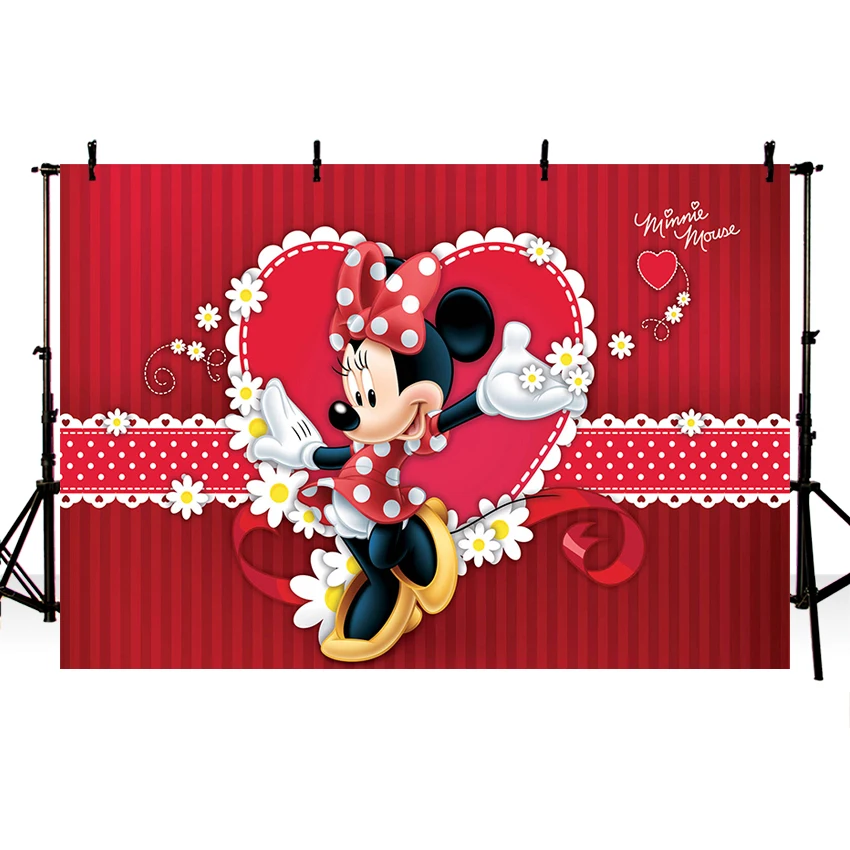

Cartoon Red Dance Minnie Backdrop Heart White Polk Dots Girls Birthday Party Photography Backgrounds for Photo Studio LV-1887