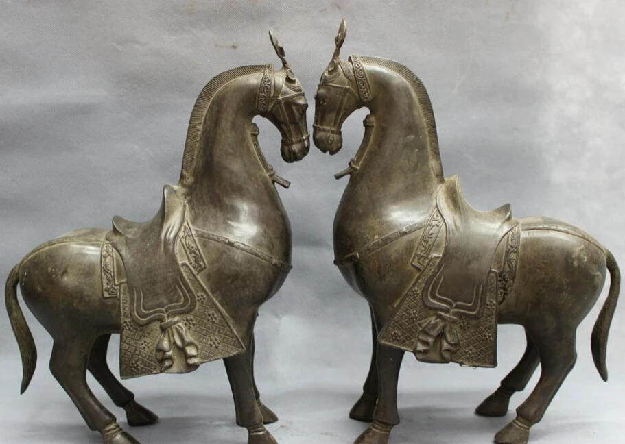 

song voge gem S5533 13" Chinese Bronze Animals Year Zodiac Wealth Running Tang Horse Statue Pair
