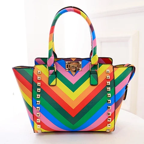 Rivet lock colorful handbags color block rainbow bag women handbag wings package handbag ...