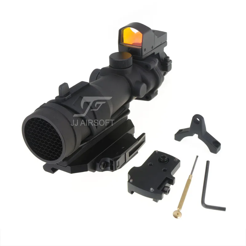 

JJ Airsoft ACOG Style 4x32 Scope with Mini Red Dot and Killflash / Kill Flash , AC12033 Bobro Style QD Mount (Black)