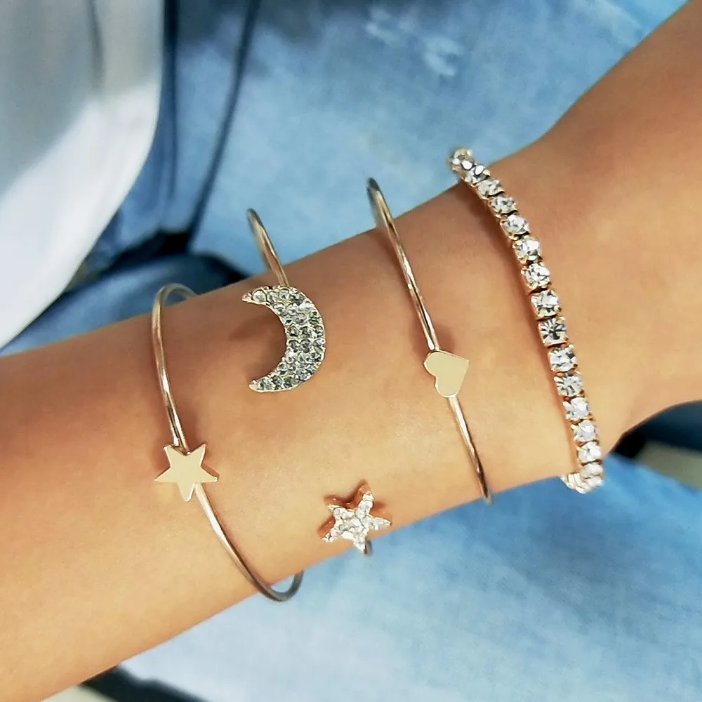 

Jewdy Fashion Trendy Star Moon Heart Bangles Set Crystal Gold Sliver Color Bracelets 4pcs/set Women Girl Simple Jewelry Gift