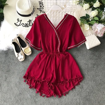 

2019 summer new solid slim women playsuits bohemian style beach holiday vacation sexy short tassel jumpsuits and rompers