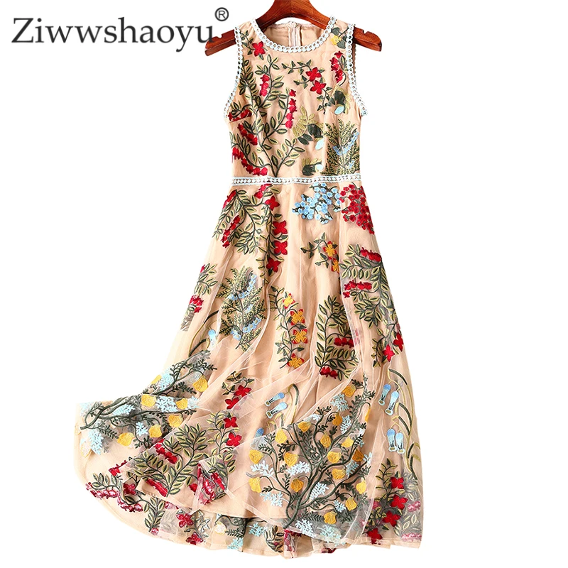 

Ziwwshaoyu Elegant Mesh Embroidery dresses O-Neck Floral temperament Party dress Spring and summer runway new women's