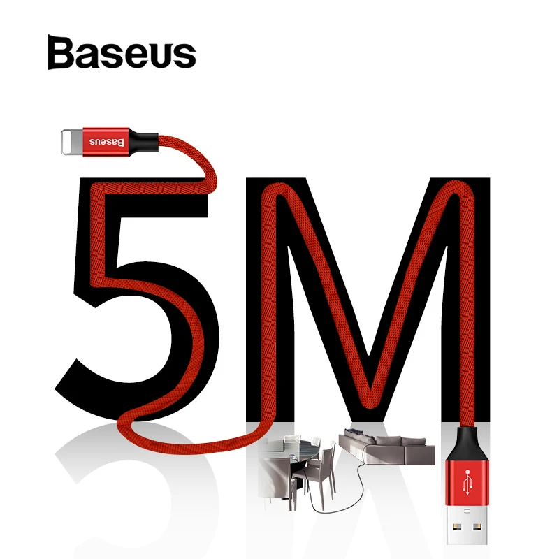 

Baseus Overlength Nylon 5M USB Cable for iPhone Xs Max 8 Plus 2A Fast Charging Cord for iPad iPhone 6 SE IOS 11 USB Charge Cabo