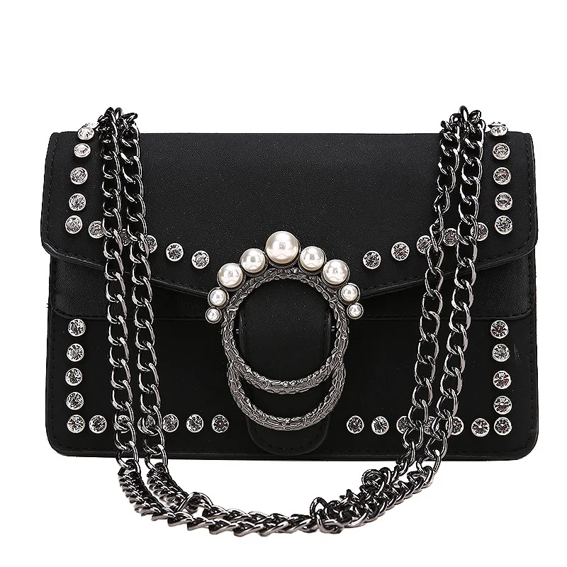 

Women Chain Messenger Bag Brand PU Leather Female Shoulder Bag Luxury Diamond Design Women Handbag New Fashion Scrub Bags Pearls