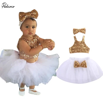 

2018 new summer Lace shining Dress Baby Girls with Paillettes Haut+Tutu Jupes Bandeau of bowknot 3pcs Tenues