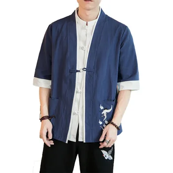 

#4323 Spring Summer Vintage Kimono Jacket Men Short Sleeve Cotton Linen Embroidery Pocket Single Button Black Red Plus Size 5XL