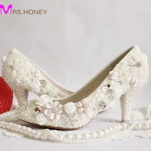 2016 White Wedding Shoes Pearl Appliqued Bridal Dress Shoes Handmade Nightclub Banquet Women Shoes 3 Inches Prom Party Heels