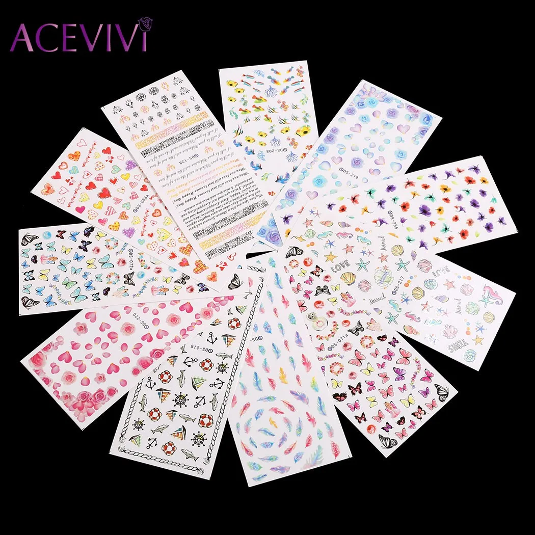 Acevivi 12 шт./компл. Смешанные Красочные Nail Стикеры Мода Лепесток/Любовь/цветок