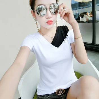 

Europe New 2020 Summer Women Fashion Sexy V Neck Short Sleeve Patchwork T Shirt Tops Female Hole Personality Striped Shirt Tees