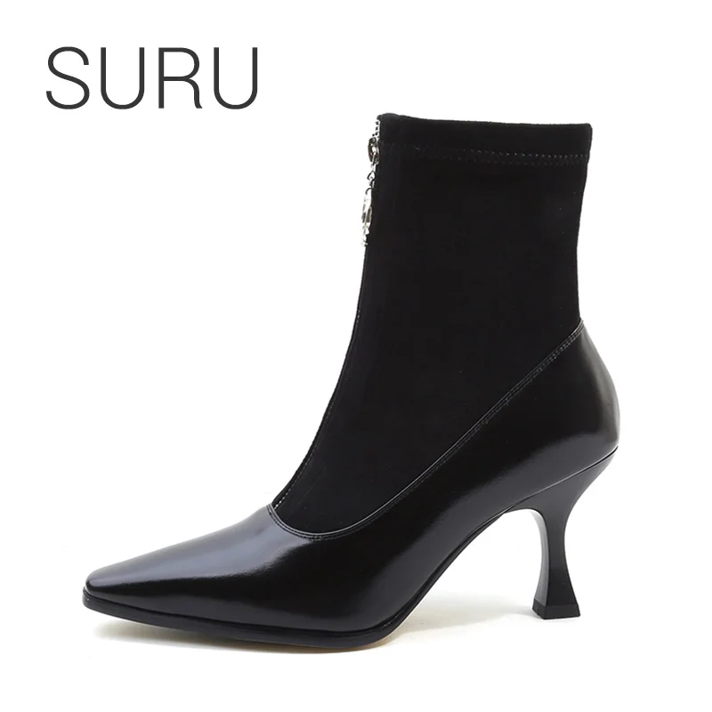 

SURU Women 8cm Patchwork Leather Sock Boots Ladies Font zip Winter Black Ankle Boots