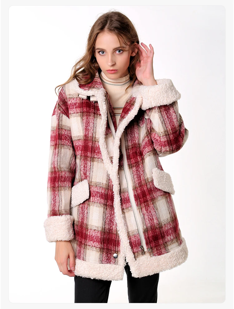 CMAZ осень зима красный плед шерстяное пальто новая мода причинно женщин отложным воротником толстый слой MX18D6457