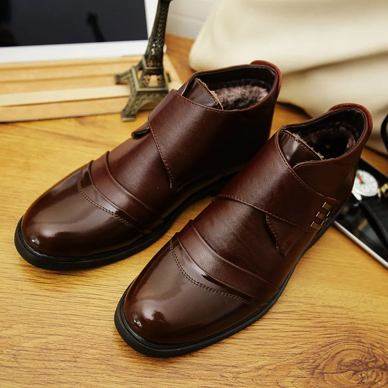 Vintage Men Winter Calfskin Leather Lace up Mid Calf Martin Ankle Boots Snow Fur Chukka Shoes