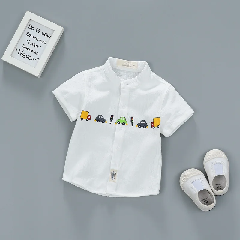 

Boys Girls White Blouse Stand Collar with Cartoon Car Kids Linen Shirt Cotton Made Comfortable High Quality Fabric Short Sleeves