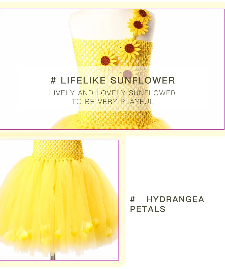 Sunflower Girls Tutu Dress with Headband Petals Embellished Princess Tulle Dress Children Birthday Party Performance Clothes (4)
