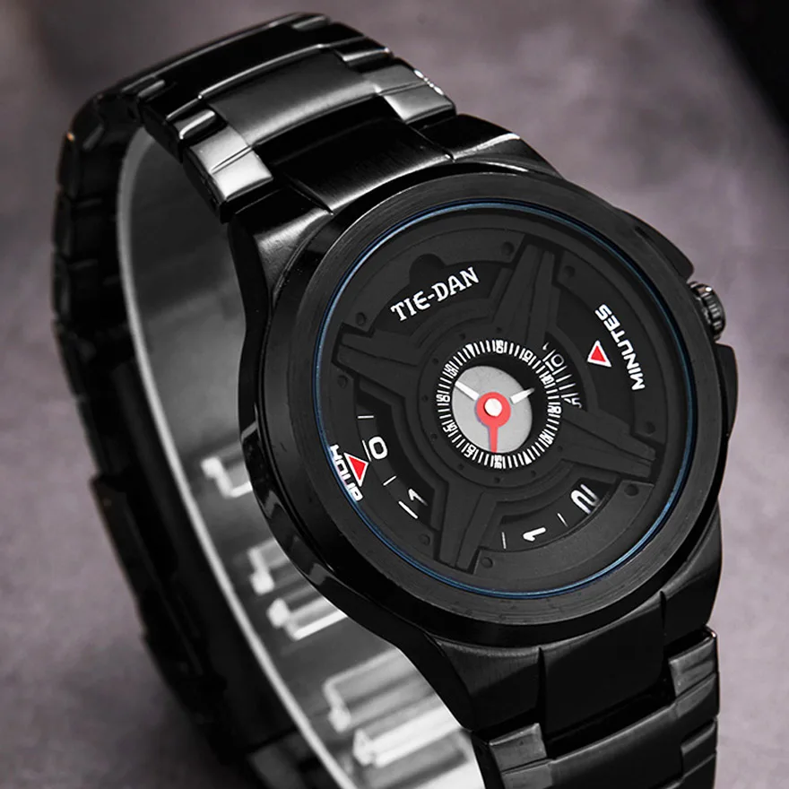 Военные спортивные мужские часы полностью черные кварцевые наручные часы из нержавеющей стали для мужчин поворотный циферблат Мужские