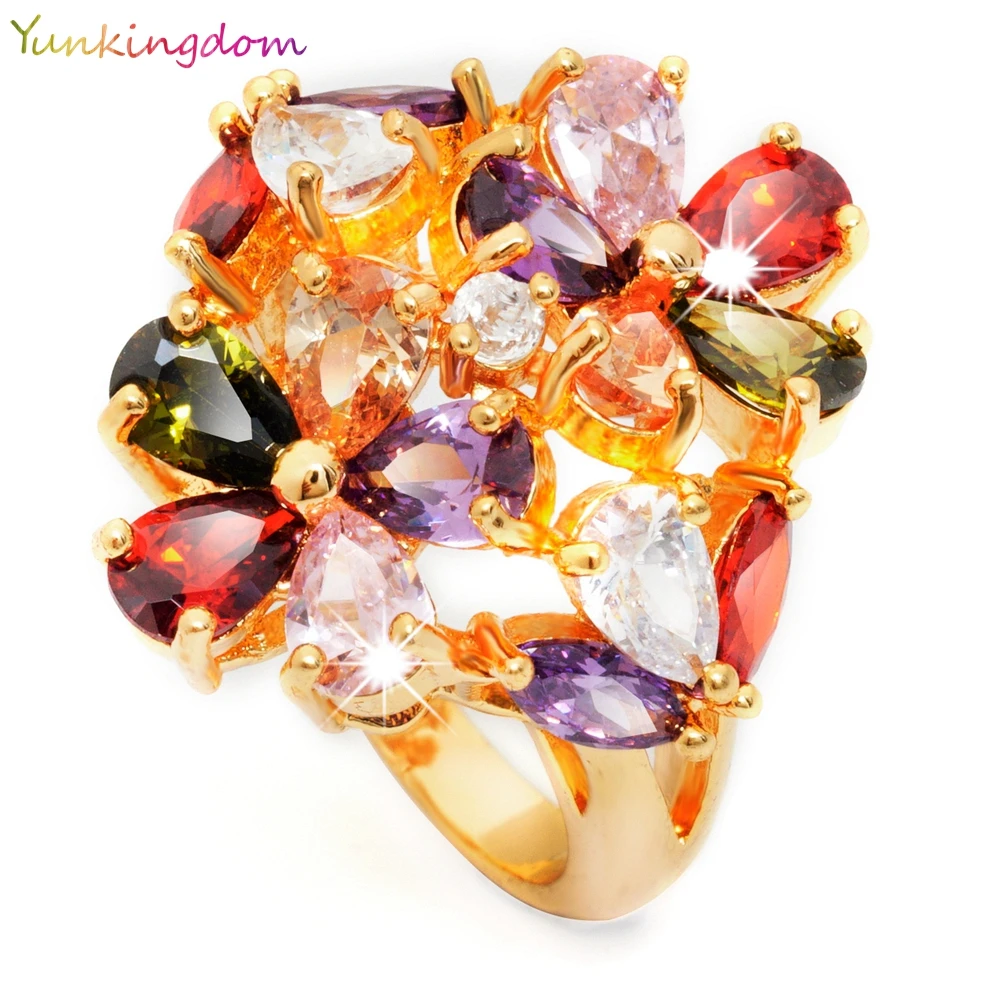 

Complicated Design Jewelry 24K Yellow Gold Filled Double Flower Rings Colourful Cubic Zircon For Graceful Ladies Gift boxes