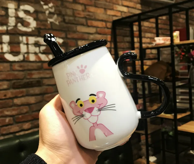 Креативная супер милая керамическая чашка 500 мл кружка для школьниц Розовая пантера кофейная чашка пара чашка с крышкой Ложка подарок на день Святого Валентина