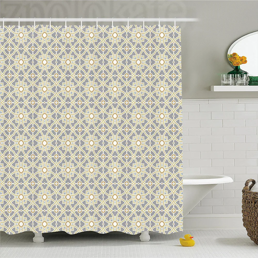 

Geometric Decor Shower Curtain Arabesque Moroccan Floral Azulejos Inspired Squares Circles Artwork Bathroom Decor Set with Hooks