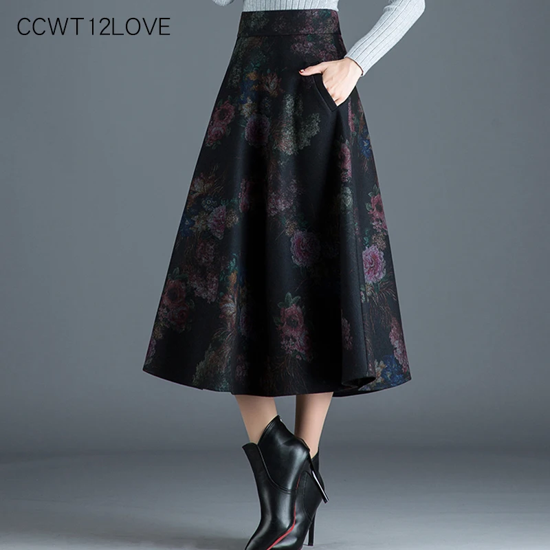 

Casual Winter Woolen Skirt Warm 2019 High Waist A Line Skirt Women Maxi Floral Print Skirt Long Zipper Female Jupe Big Swing
